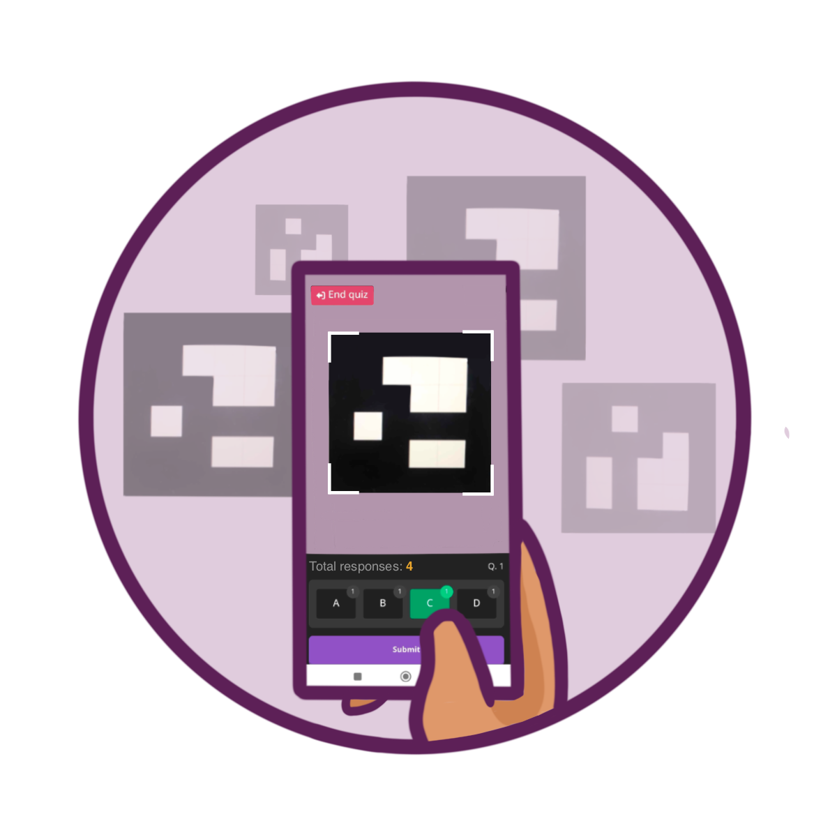 A hand holding up a mobile phone scans Q-cards and the screen shows how many cards are holding up the correct answer