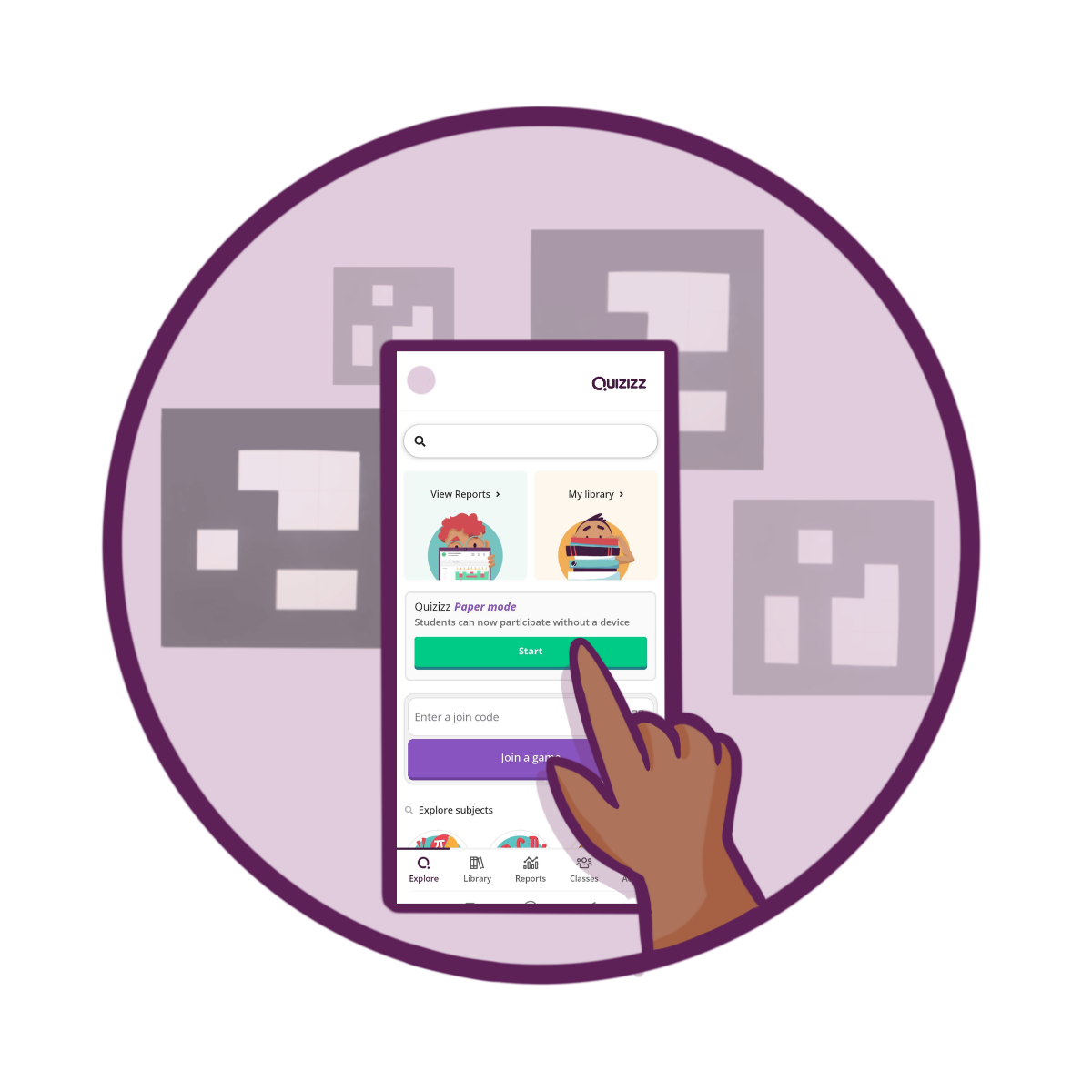 A finger points at the 'Paper Mode' button on the home screen of the Quizizz mobile app