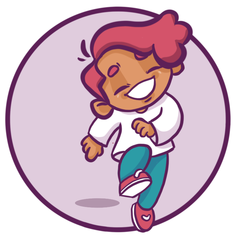 A young child skips and hops along with their hands free, and a big smile on their face